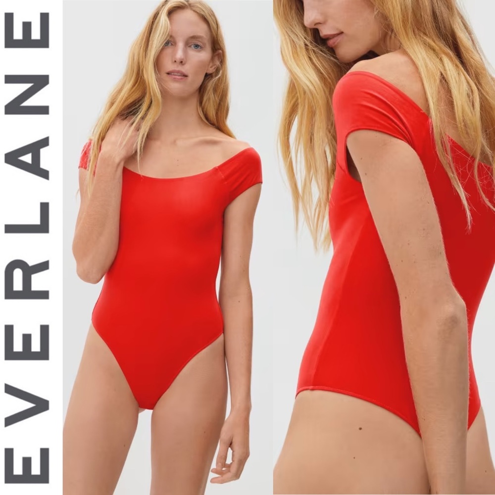 EVERLANE The Off the Shoulder Bodysuit In Scarlet Red NWT Thong  M - Picture 3 of 10
